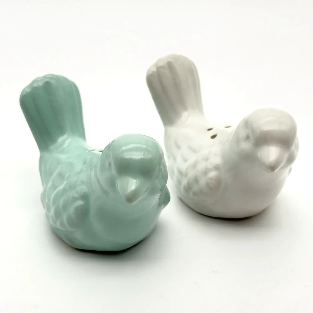 Set of White Blue Bird Salt Pepper Shakers Chickadees Glazed Ceramic
